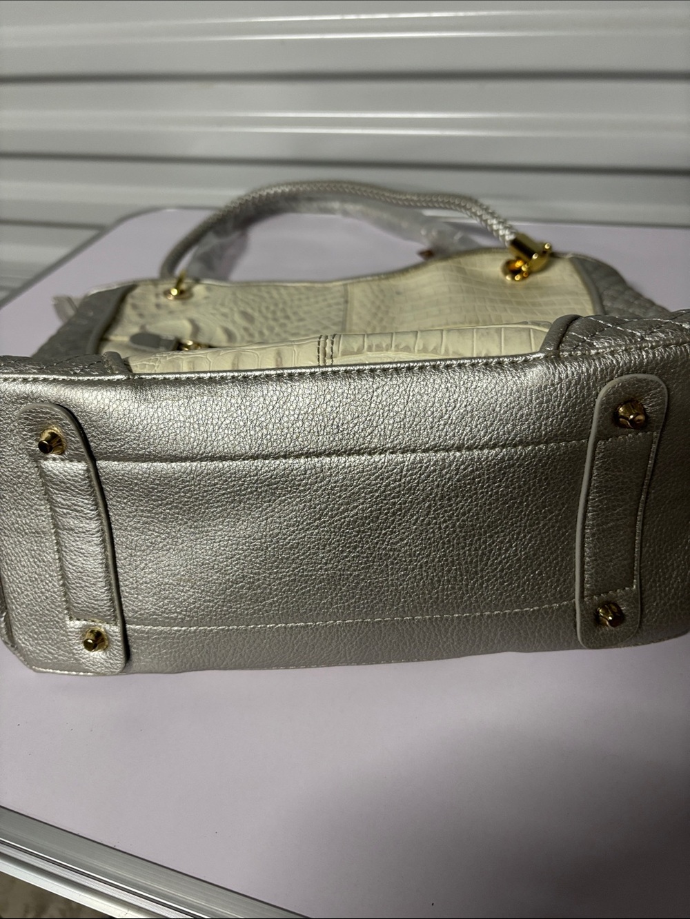 Madi Claire Cream and Silver Geniune Leather Croc-Texture Tote with Tassel - Picture 6 of 6
